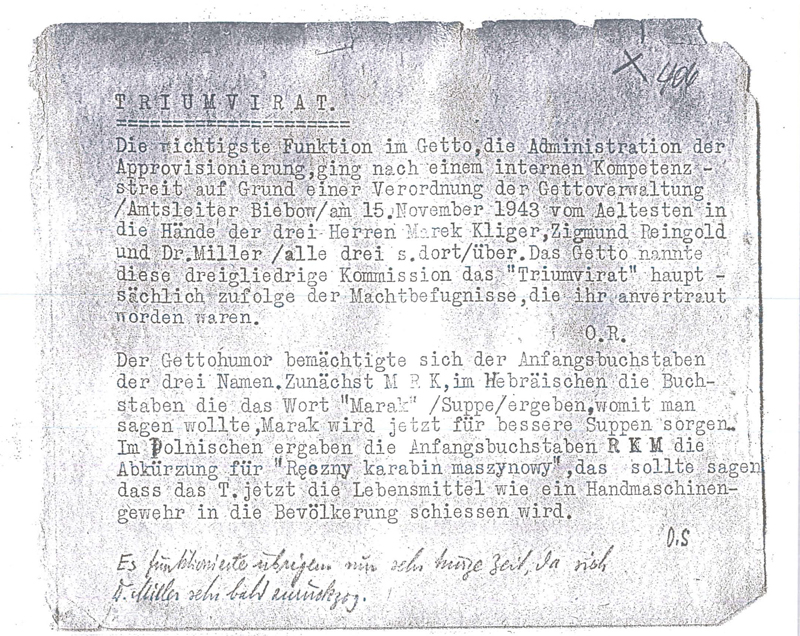 Abbildung 1: Karte zum Schlagwort TRIUMVIRAT verfasst von Oskar Rosenfeld. Hier kommt die Dreisprachigkeit Deutsch – Polnisch – Jiddisch zum Ausdruck.