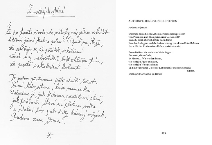 Handschrift und Edition von Vladimír Holans ›Auferstehung von den Toten‹ (© Památník národního písemnictví, Prag | Bd. 6, S. 299)